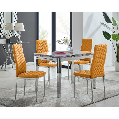 Enna White Glass Extending Dining Table and 4 Mustard Milan Chairs - Mustard Yellow