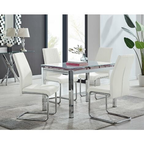 Enna White Glass Extending Dining Table and 4 White Lorenzo Chairs - White