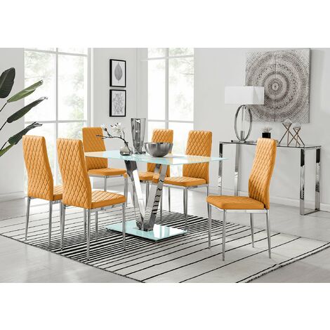 Florini White Glass And Metal V Dining Table And 6 Mustard Milan Dining Chairs Set - Mustard Yellow