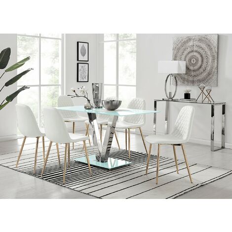 Florini V White Dining Table and 6 White Corona Gold Leg Chairs - White