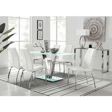 Florini V White Dining Table and 6 White Isco Chairs - White
