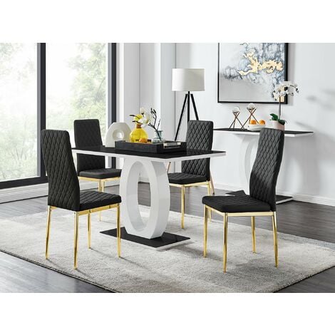 Giovani 4 Black Dining Table & 4 Black Gold Leg Milan Chairs