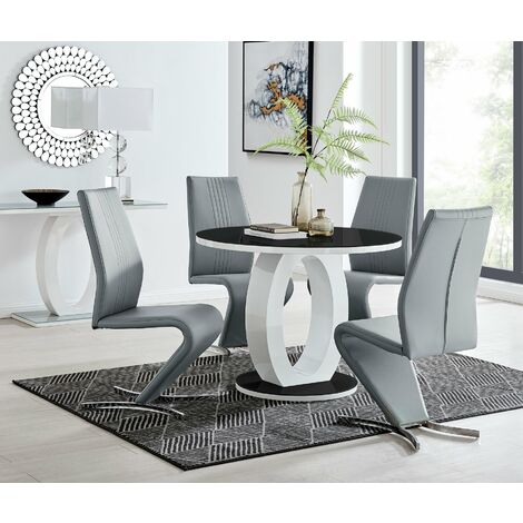 Giovani High Gloss And Glass Large Round Dining Table And 4 Luxury Elephant Grey Willow Dining Chairs Set - Elephant Grey