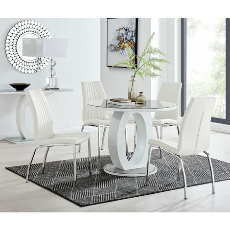 Giovani Grey White High Gloss And Glass Large Round Dining Table And 4 White Lorenzo Chairs Set - White