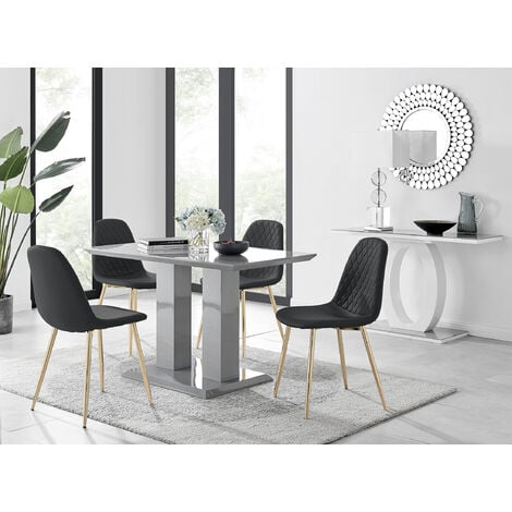 Imperia 4 Modern Grey High Gloss Dining Table And 4 Black Corona Gold Chairs Set - Black