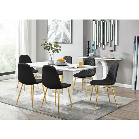 Imperia White High Gloss Dining Table And 6 Black Corona Gold Chairs Set - Black