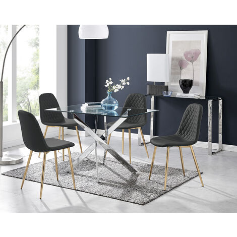 Leonardo Glass And Chrome Metal Dining Table And 4 Black Corona Gold Chairs Set