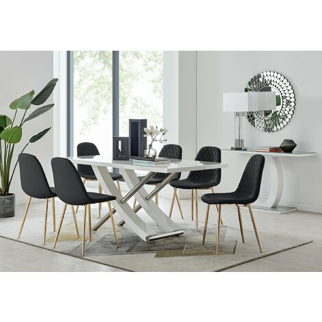 Mayfair 6 Dining Table and 6 Black Corona Gold Leg Chairs - Black