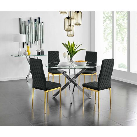 Novara 120cm Round Dining Table and 4 Black Gold Leg Milan Chairs - Black