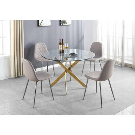 Novara Gold Metal Large Round Dining Table And 4 Cappuccino Grey Corona Silver Chairs Set - Cappuccino