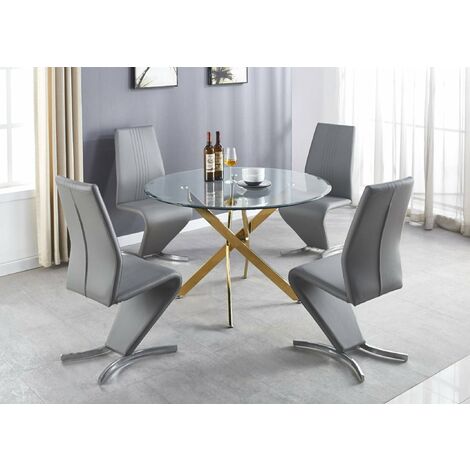 Novara Gold Metal Large Round Dining Table And 4 Elephant Grey Willow Chairs Set - Elephant Grey