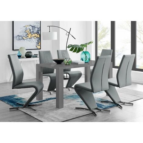 Pivero Grey High Gloss Dining Table And 6 Luxury Elephant Grey Willow Chairs Set - Elephant Grey