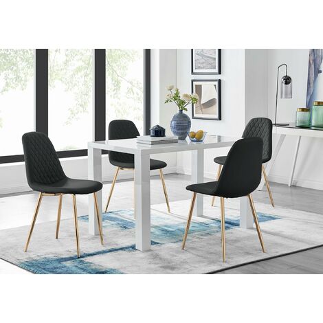Pivero White High Gloss Dining Table And 4 Black Corona Gold Chairs Set - Black