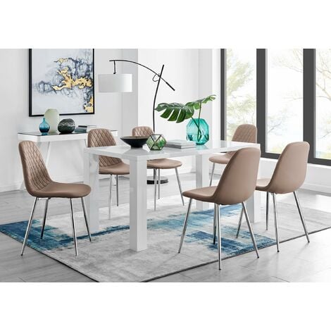 Pivero White High Gloss Dining Table And 6 Cappuccino Grey Corona Silver Chairs Set - Cappuccino