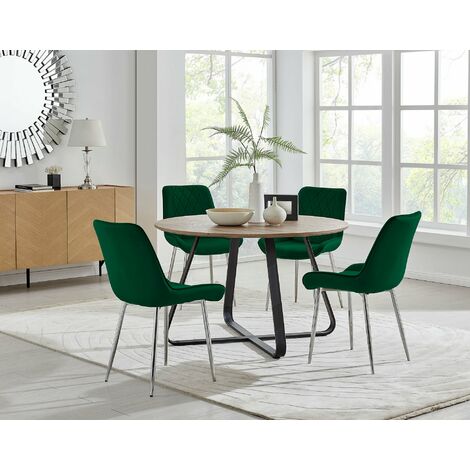 Santorini Brown Round Dining Table And 4 Green Pesaro Silver Leg Chairs - Green