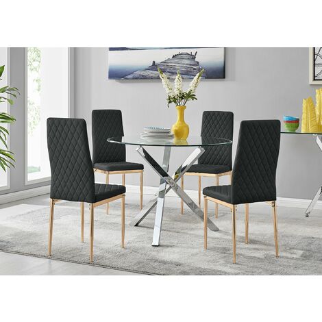 Selina Square Leg Round Dining Table And 4 Black Gold Leg Milan Chairs - Black