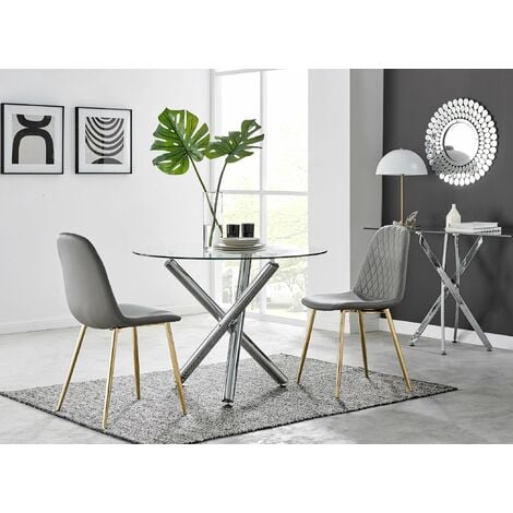 Selina Round Dining Table and 2 Grey Corona Gold Leg Chairs - Elephant Grey
