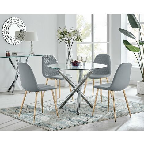 Selina Round Dining Table and 4 Grey Corona Gold Leg Chairs - Elephant Grey