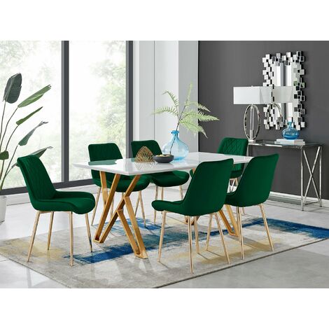 Taranto White High Gloss Dining Table and 6 Green Pesaro Gold Leg Chairs - Green