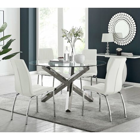 Vogue Large Round Chrome Metal Clear Glass Dining Table And 4 White Isco Dining Chairs Set - White