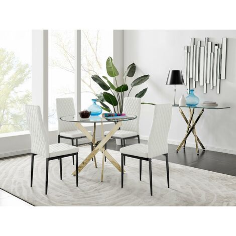 Novara 100cm Gold Round Dining Table and 4 White Milan Black Leg Chairs