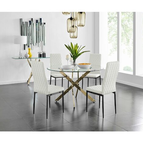 Novara 120cm Gold Round Dining Table and 4 White Milan Black Leg Chairs