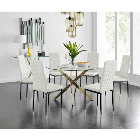 Novara 120cm Gold Round Dining Table And 6 White Milan Black Leg Chairs Novara 120cm Gold Round Dining Table, Gold Round Dining Table For 6