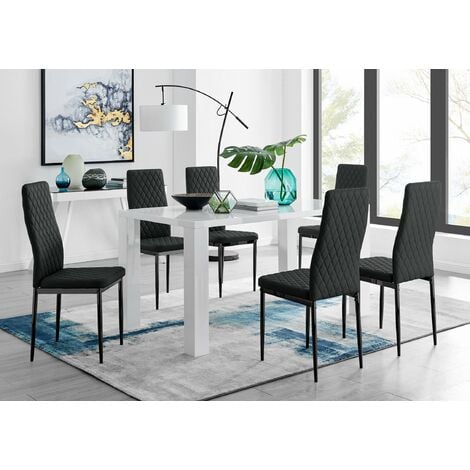 Pivero 6 White Dining Table and 6 Black Milan Black Leg Chairs - Black