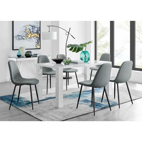 Pivero 6 White Table & 6 New Grey Corona Black Leg Chairs - Elephant Grey