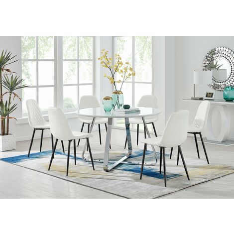 Santorini White Round Dining Table And 6 White Corona Black Leg Chairs - White