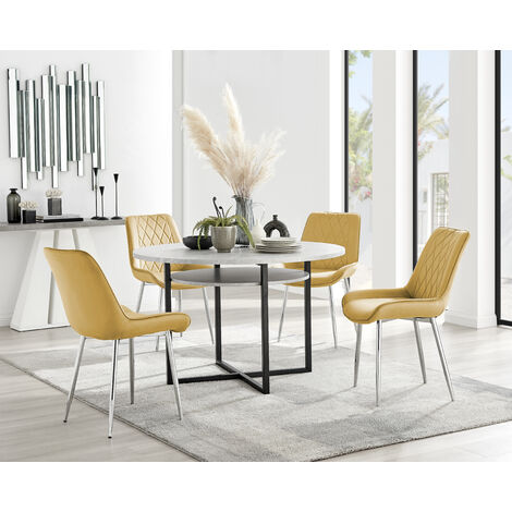 Furniture Box Novara 120cm Gold Round Dining Table and 4 x Green Pesaro  Silver Leg Chairs