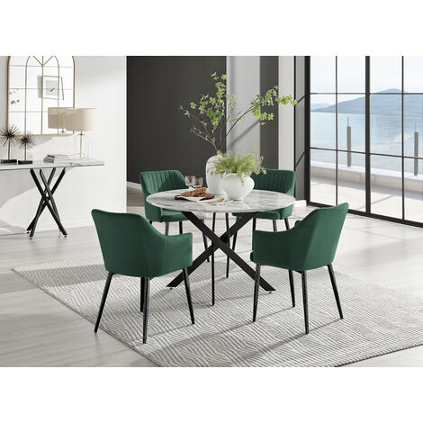 Furniture Box Novara 120cm Gold Round Dining Table and 4 x Green Pesaro  Silver Leg Chairs