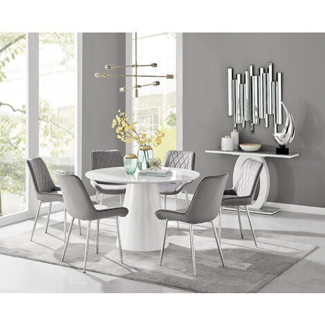 White gloss table with grey online chairs