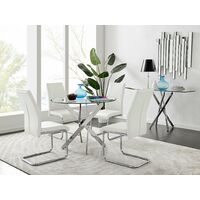Novara Chrome Metal Round Glass Dining Table And 4 White Lorenzo Dining Chairs