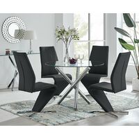 Selina Round Glass And Chrome Metal Dining Table And 4 Luxury Black Willow Chairs Set