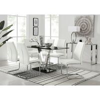 Florini Black Glass And Chrome Metal Dining Table And 6 White Lorenzo Dining Chairs Set