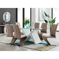 Torino White High Gloss And Glass Modern Dining Table And 6 Cappuccino Grey Willow Chairs Set - Cappuccino