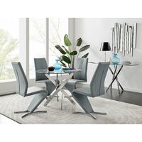 Novara Round Chrome Metal And Glass Dining Table And 4 Elephant Grey Willow Dining Chairs Set - Elephant Grey