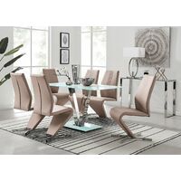 Florini White Glass And Metal V Dining Table And 6 Cappuccino Grey Willow Dining Chairs Set
