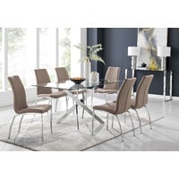 Leonardo Glass And Chrome Metal Dining Table And 6 Cappuccino Grey Isco Chairs