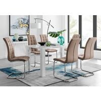 Pivero White High Gloss Dining Table And 6 Cappuccino Grey Murano Chairs Set - Cappuccino