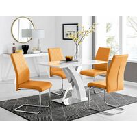 Atlanta White High Gloss And Chrome Metal Rectangle Dining Table And 4 Mustard Lorenzo Dining Chairs Set