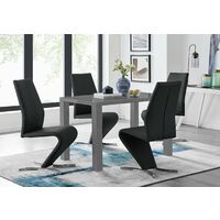 Pivero Grey High Gloss Dining Table and 4 Luxury Black Willow Chairs Set - Black
