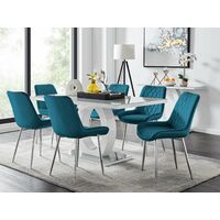 Giovani 6 Grey Dining Table & 6 Blue Pesaro Silver Leg Chairs - Blue