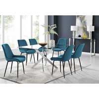 Leonardo 6 Dining Table and 6 Blue Pesaro Black Leg Chairs - Blue