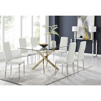 Leonardo 6 Gold Dining Table and 6 White Milan Chairs - White