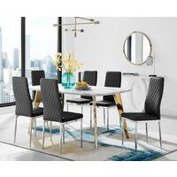 Andria Gold Leg Marble Effect Dining Table and 6 Black Milan Chairs - Black