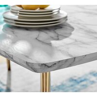 Andria Gold Leg Marble Effect Dining Table and 6 White Milan Chairs - White