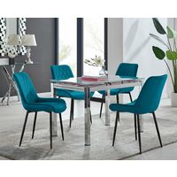 Enna White Glass Extending Dining Table and 4 Blue Pesaro Black Leg Chairs - Blue