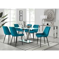 Florini V White Dining Table and 6 Blue Pesaro Black Leg Chairs - Blue